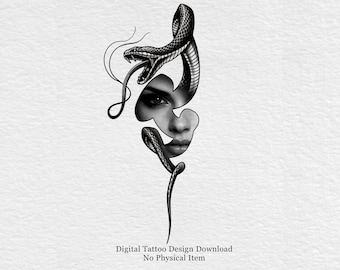 Slangenvrouw gezicht tattoo-ontwerp – surrealistische blackwork digitale tattoo-download