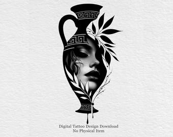 Griekse mythologie tattoo design, oude vaas vrouw gezicht, minimale zwarte inkt kunst, digitale download