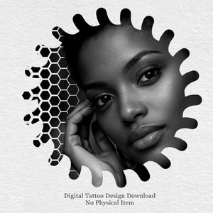 Abstract Geometric Woman Tattoo Design, Honeycomb Face Line Art (Digital Download)