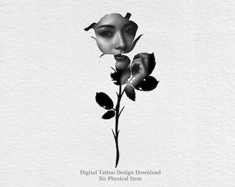 Midnight Bloom - surrealistisch gezicht tattoo-ontwerp | Blackwork-vrouwenportret (digitale download)