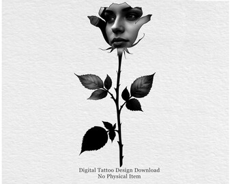 Thorned Muse – Rose Woman tattoo-ontwerp | Surrealistische digitale download Blackwork