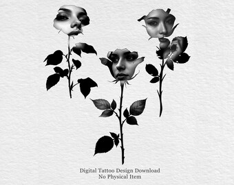 Surrealistische bloemenvrouwenbundel | Portretontwerpen Blackwork Rose | Vrouwelijk lijnwerk stencilkunst | Digitale download