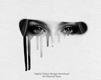 Abstract oogtattooontwerp | Minimaal druipend portret | Blackwork-sjabloon gezicht tattoo | Digitale download