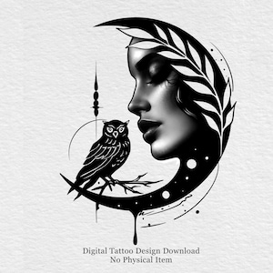 Puede incluir: Diseño de tatuaje digital en blanco y negro que presenta el perfil de una mujer dentro de una luna creciente, adornado con una rama frondosa. Un búho se posa en una rama debajo. El diseño incluye el texto: Digital Tattoo Design Download No Physical Item.