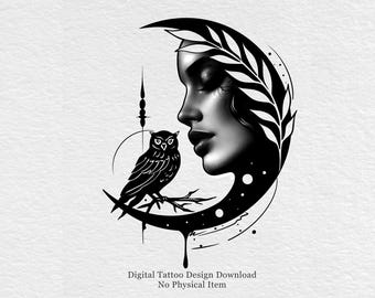 Athena Owl Tattoo Design, maangodin Blackwork Fine Line (digitale download)