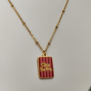 "CIAO BELLA" Necklace - Stainless steel necklace with a pink/red rectangular pendant