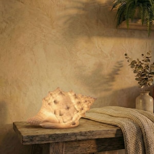 May include: A glowing, beige seashell lamp sits on a rustic wooden table. The lamp is shaped like a conch shell, with a textured surface and a warm, inviting light. A beige knitted throw blanket is draped on the table.