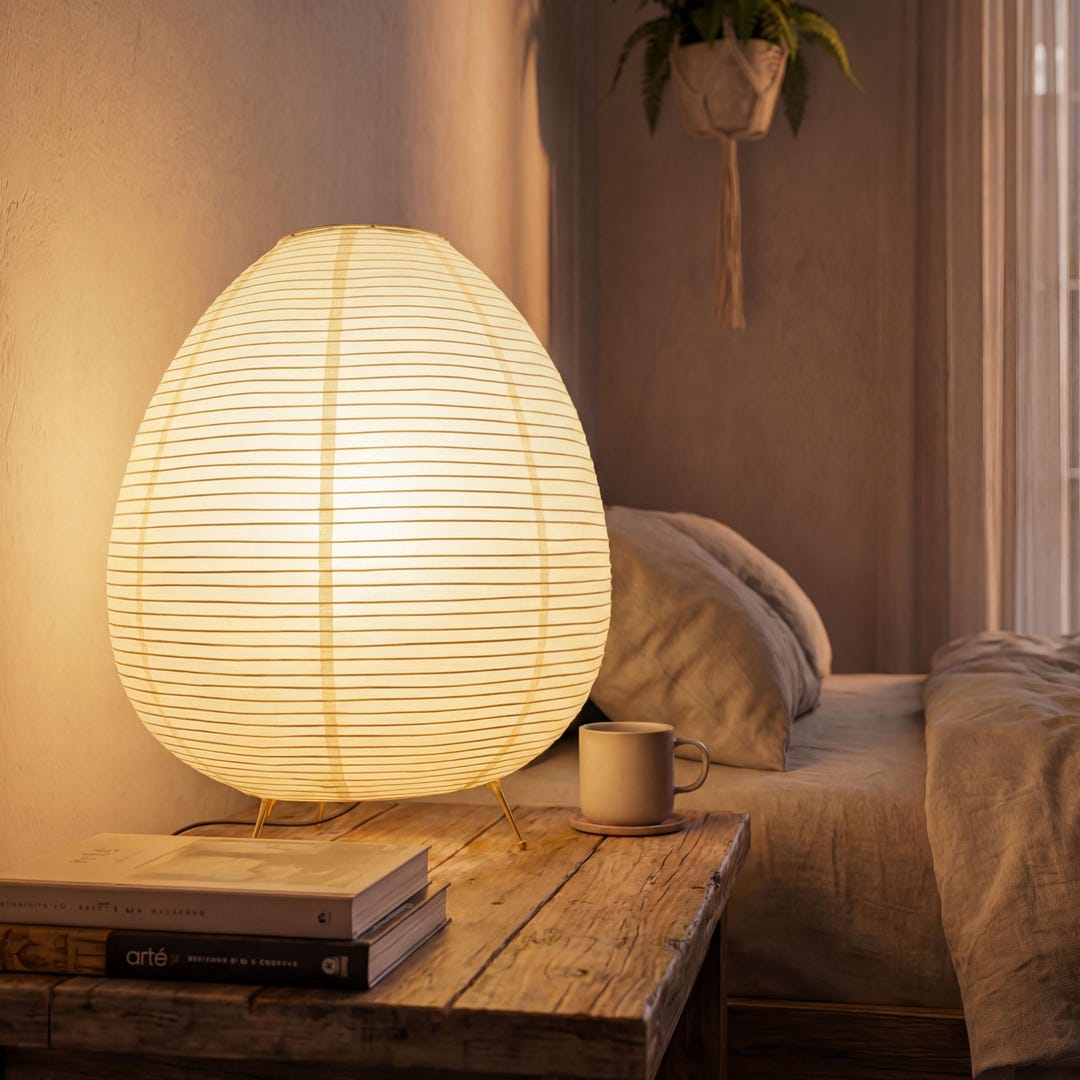 Japanese Washi Paper Lantern Lamp, Minimalist Bedside Light, Japandi Style Table Lamp for Calm Home Decor