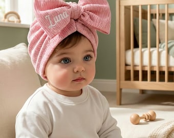 Personalized Baby Bow Turban Hat Custom Embroidered Baby Girl Headwrap Newborn Girl Hat Baby Shower Gift Soft Infant Beanie