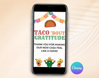 Tarjeta de agradecimiento "Taco Bout Gratitude", tarjeta de agradecimiento con temática de tacos, tarjeta de recuerdo para fiesta, plantilla editable de Canva, descarga instantánea.
