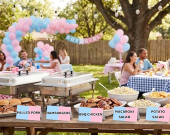 Etiquetas para comida de revelación de género en barbacoa, Tarjetas de mesa para barbacoa, Fiesta de revelación de género en barbacoa, Revelación de género (niño o niña), Plantilla de Canva