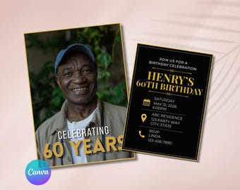 Invitación de cumpleaños para hombre editable con foto, invitación moderna para fiestas, invitación de cumpleaños para adultos, invitación personalizada con foto, plantilla editable de Canva