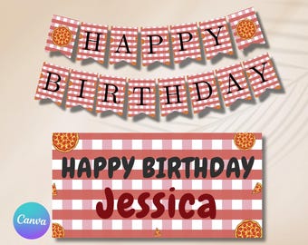 Pizza Birthday Banner, 4th Birthday Party Banners, Pizza Party Decor, Printable Banner Template, Editable Canva Birthday Banners