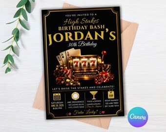 Invitación de cumpleaños con temática de casino, invitación de cumpleaños con temática de casino, fiesta de póker en casino, invitación de cumpleaños para adultos de cualquier edad, plantilla editable de Canva.