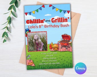 Invitación de cumpleaños con temática de barbacoa "Relájate y disfruta de la parrilla", invitación de cumpleaños para niños con foto, invitación de barbacoa para niño o niña, plantilla de Canva.
