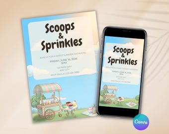 Ice Cream Birthday Invitation, Scoops Sprinkles Party Invite, Kids Ice Cream Party, Ice Cream Social Event, Summer Birthday, Canva Template