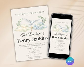 Baptism Invitation Template, Christening Invite, Baby Dedication Invitation, Boy or Girl Baptism Celebration Invite, Editable Canva Template