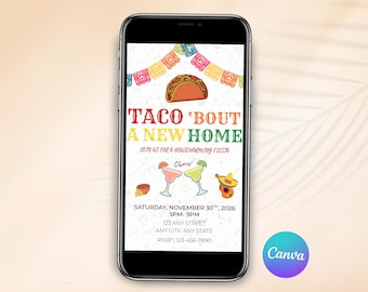 Invitación para una nueva casa con temática de tacos, invitación para fiesta de inauguración con temática mexicana, plantilla editable de Canva.