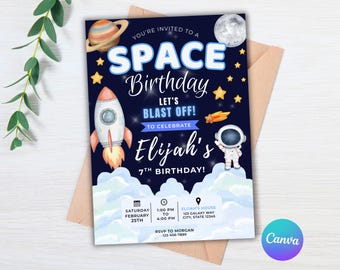 Invitación de cumpleaños espacial, Invitación "¡Despeguemos!", Invitación de cumpleaños con temática de cohete, Cumpleaños en el espacio exterior, Plantilla editable de Canva