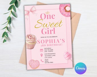 Invitación de cumpleaños "Una dulce niña", Invitación de cumpleaños "Dulce primer cumpleaños", Fiesta de cumpleaños con donas, Invitación de postre rosa, Plantilla editable de Canva
