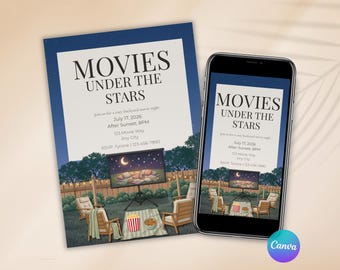 Invitación para noche de cine, invitación para fiesta de películas bajo las estrellas, invitación para noche de cine al aire libre, fiesta de cine en el jardín, plantilla editable de Canva