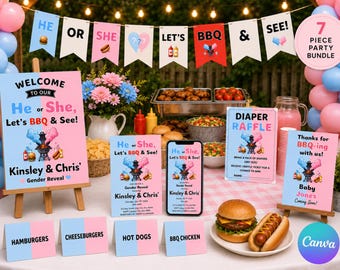 Paquete de revelación de género con barbacoa, Paquete de fiesta "Hagamos una barbacoa y descubramos", Fiesta de revelación de género al aire libre, Paquete de revelación de género "Él o ella", Plantilla de Canva