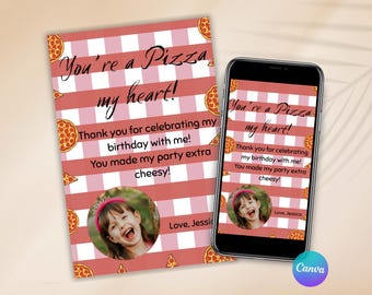 Tarjeta de agradecimiento de cumpleaños número 4 con temática de pizza, tarjeta de agradecimiento por el cumpleaños de los niños, tarjeta de recuerdo para fiesta temática de pizza, plantilla editable de Canva.