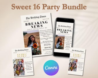 Sweet 16 Newspaper Invitation, Birthday Invitation and Thank You Card, Photo Editable Canva Invitation, 16th Birthday Party Invite Bundle