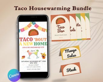 Paquete de invitaciones para una nueva casa con temática de tacos, invitaciones para fiestas de inauguración, decoración para fiestas de tacos, letreros para barra de tacos, plantilla editable de Canva.
