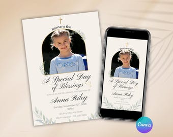 Baptism Invitation with Photo, Christening Invite Template, Baby Dedication Invitation, Boy or Girl Baptism, Editable Canva Template