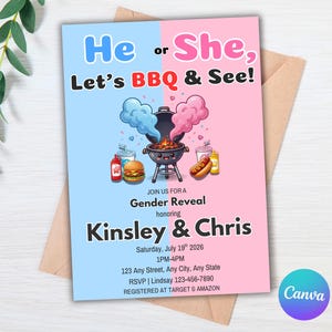 May include: A gender reveal invitation with a blue and pink split background. The text reads "He or She, Let's BBQ & See!" with a cartoon grill and food illustrations. Details include the names Kinsley & Chris, date, time, and RSVP information.