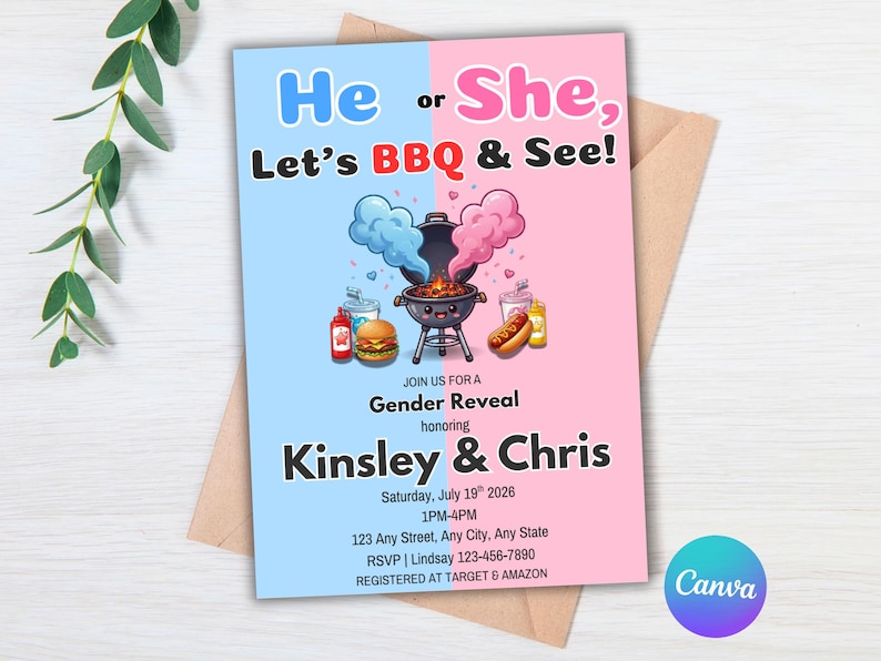 May include: A gender reveal invitation with a blue and pink split background. The text reads "He or She, Let's BBQ & See!" with a cartoon grill and food illustrations. Details include the names Kinsley & Chris, date, time, and RSVP information.