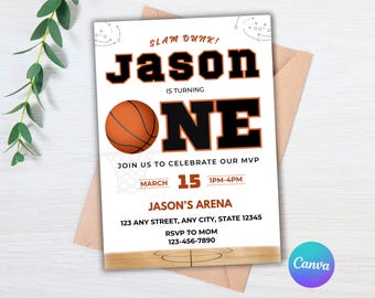 Invitación de primer cumpleaños con temática de baloncesto, invitación para fiesta de mates, cumpleaños del novato del año, invitación con temática deportiva, plantilla editable de Canva.