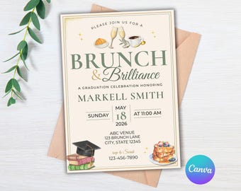 Invitación a brunch de graduación, invitación a celebración de graduación, fiesta de graduación moderna, invitación a fiesta de recién graduados, plantilla editable de Canva