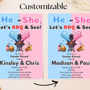 BBQ Gender Reveal Invitation, Lets BBQ and See Baby Reveal Invite, Cookout Gender Reveal Party, He or She Reveal Invite, Canva Template image 4