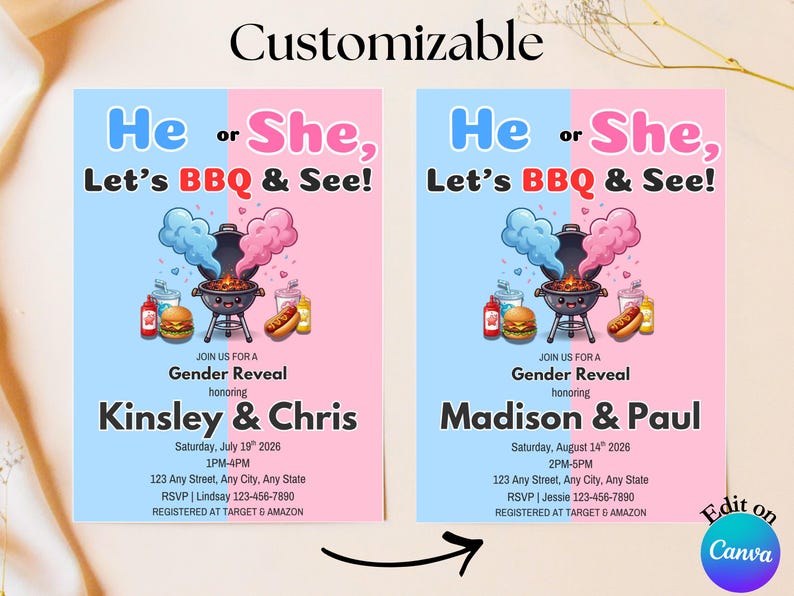 BBQ Gender Reveal Invitation, Lets BBQ and See Baby Reveal Invite, Cookout Gender Reveal Party, He or She Reveal Invite, Canva Template image 4