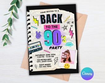 Invitación editable para fiesta de cumpleaños de los 90, invitación para fiesta de regreso a los 90, cumpleaños retro, personalización de fotos editable, plantilla de Canva