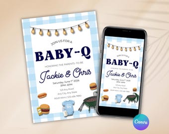 BBQ Boy Baby Shower Invitation, Blue BabyQ Cookout Baby Shower, Boy BBQ Summer Shower, Editable Canva Template