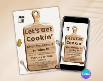 Cooking Birthday Invitation, Chef Birthday Party Invite, Cooking Theme Party, Kids or Adult Baking Party Invite, Editable Canva Template
