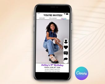 Social Media Birthday Invitation with Photo, TikTok Party Invite, Kids Teen Birthday Invitation, Mobile Friendly Birthday Invite