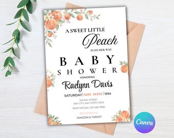 Peach Baby Shower Invitation, Sweet Little Peach Theme Baby Shower, Girl Baby Shower invite, Summer Baby Shower, Editable Canva Template