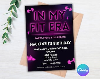 Invitación para fiesta de fitness, invitación de cumpleaños "En mi era fitness", fiesta de gimnasio y entrenamiento, invitación imprimible de fitness, plantilla editable de Canva