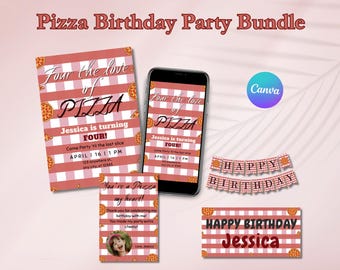 Pizza Birthday Party Bundle, Four the Love of Pizza Theme, 4th Birthday Invitation and Thank you Card, Pizza Party Decorations