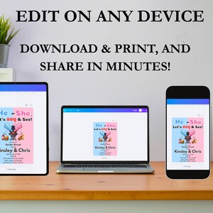 May include: An invitation design for a gender reveal party, displayed on a tablet, laptop, and smartphone. The invitation features the text "He or She, Let's BBQ & See!" and the names "Kinsley & Chris."
