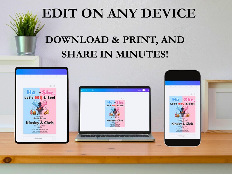 May include: An invitation design for a gender reveal party, displayed on a tablet, laptop, and smartphone. The invitation features the text "He or She, Let's BBQ & See!" and the names "Kinsley & Chris."
