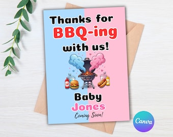 Tarjeta de agradecimiento para revelación de género en barbacoa, Tarjeta de agradecimiento para barbacoa y revelación de género, Fiesta de revelación de género en barbacoa, Revelación de género (niño o niña), Plantilla de Canva