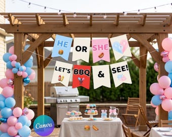 Banner para revelación de género con barbacoa, banderín "¡Vamos a hacer una barbacoa y a ver!", fiesta de revelación de género con barbacoa, revelación de género (niño o niña), plantilla de Canva