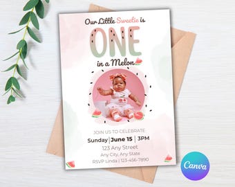 One in a Melon 1st Birthday Invitation with Photo, Watermelon 1st Birthday Invite, Summer First Birthday Party, Girl 1st Birthday Invite