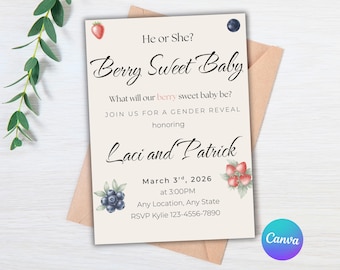 Invitación para revelar el sexo del bebé con temática de fresas y arándanos, fiesta de revelación de género para niño o niña, plantilla editable de Canva.