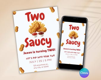Invitación de cumpleaños con dos nuggets de pollo en salsa, invitación para fiesta infantil de nuggets de pollo, plantilla editable de Canva, divertida invitación de cumpleaños para niños